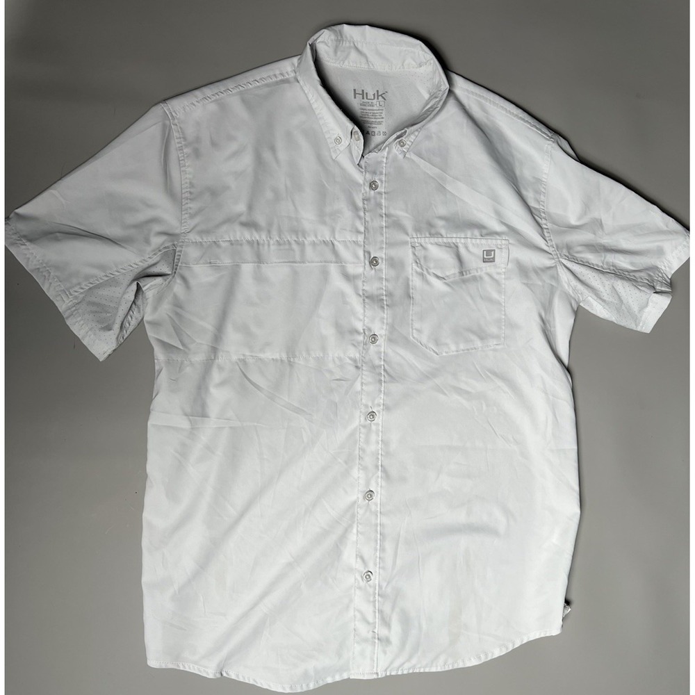 Huk Men's L White Solid Short Sleeve Button-Down Polyester Shirt w/ Pocket
